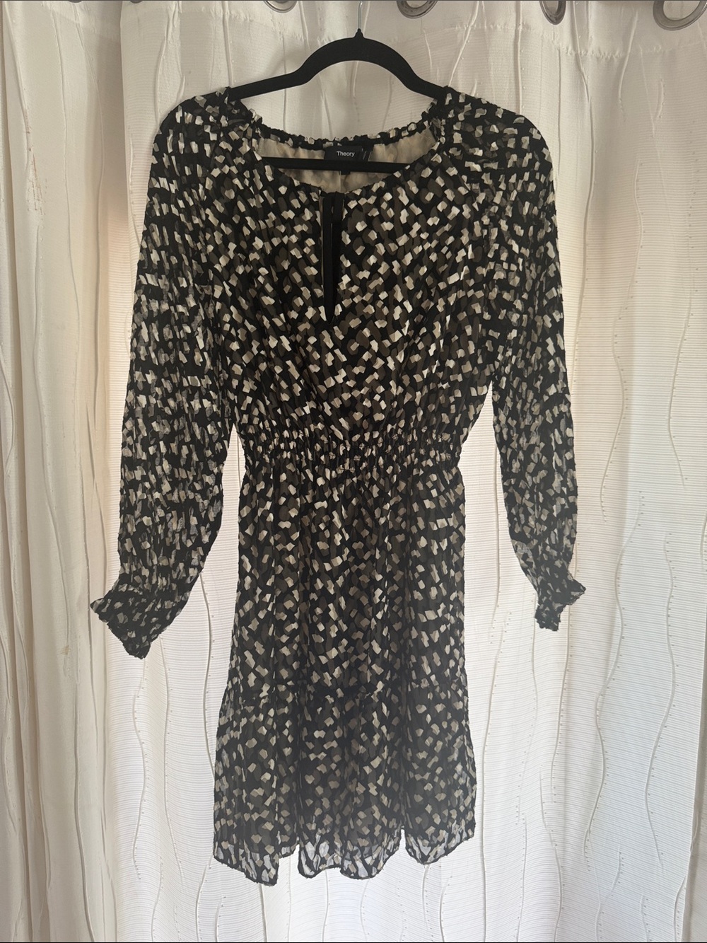 Theory Black and Cream silk Printed Long Sleeve Dress with Elastic Waist